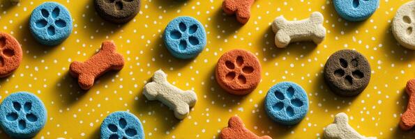 Bright and Playful Arrangement of Dog Treats on a Dotted Background With a Clean Upper Third for a Cheerful Display photo