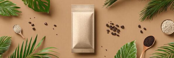 Grain-free Food Pack Mockup Showcasing Natural Leaf Elements in an Inviting Composition photo