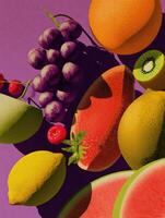 Colorful Fruit Collage With Shadows Featuring Grapes, Watermelon, Kiwi, and Lemons on a Vibrant Purple Background photo