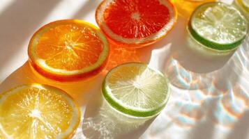 Bright Citrus Slices Arranged on a Glass Table Reflecting Light With a Clear Space Above photo