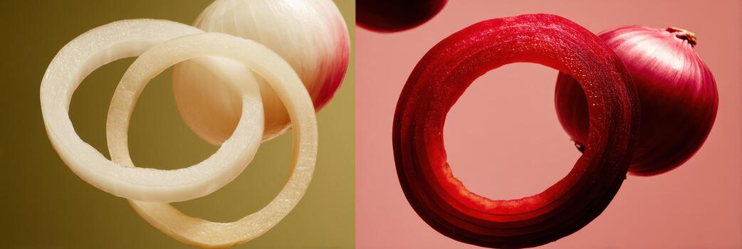 Floating Rings of Onion and Pepper Create a Striking Contrast in a Minimalist Setting photo