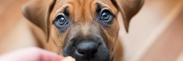 Puppy Gazes up With Affectionate Eyes While Eagerly Awaiting a Delicious Treat From Its Owner in a Cozy Indoor Setting photo