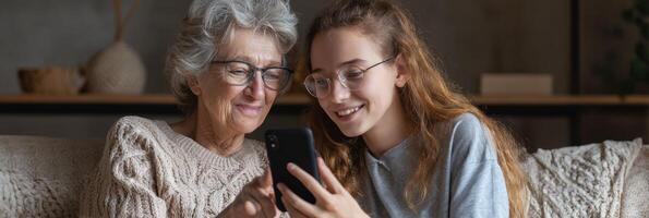 Elderly Person Shares Smartphone Skills With Teen in Cozy Indoor Setting for Quality Time and Learning photo
