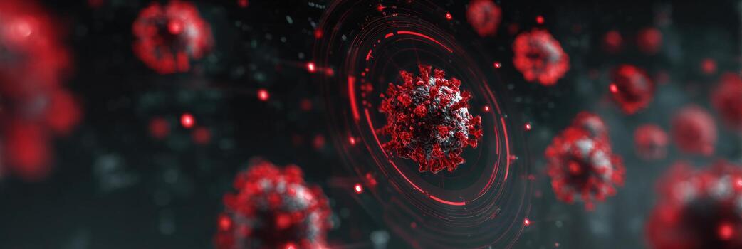 Digital Animation Depicting Virus Multiplication With Red Alert Overlay in a Clear Environment Showcasing Cellular Activity photo