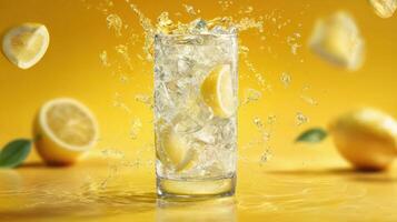 Refreshing Lemon Soda With Ice Surrounded by Citrus Fruits on a Bright Yellow Background photo