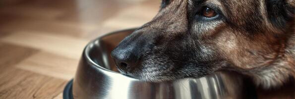 Dogs Reflection in a Stainless Steel Bowl With a Blurred Floor Background photo