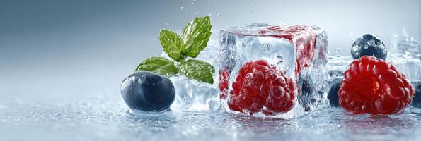 Melting Ice Cube With Fresh Mint Leaves and Mixed Berries Creating a Refreshing Visual in a Clean Setting photo