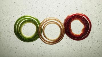 Floating Rings of Onion and Pepper Create a Minimalist Composition of Vibrant Colors and Textures in a Unique Arrangement Against a Subtle Background photo