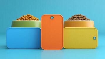 Clean Composition of Pet Food Bowls With Empty Nutrition Labels and Colorful Branding Zones for Creative Design Ideas photo