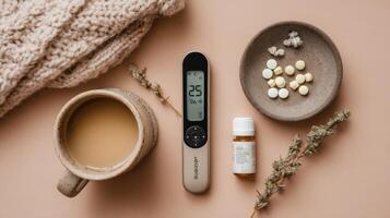 Healing Essentials for Cold and Flu Season With a Digital Thermometer, Cough Drops, Vapor Rub, and a Warm Beverage on a Cozy Flat Lay Setup photo