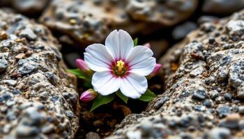 close up view of a saxifrage flower nestled in rocky crevices with white petals and pink accents. photo