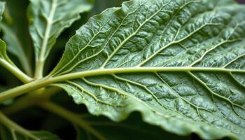 close up view of a horseradish leaf with a long, wrinkled form and slightly toothed edges. photo