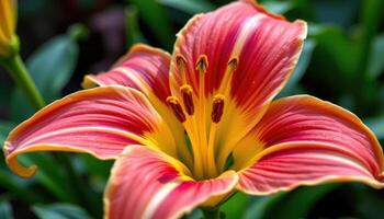 close up view of a gloriosa lily with flame shaped petals twisting backward in bright red and yellow. photo