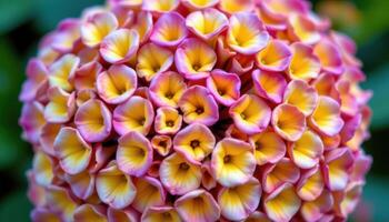 close up view of a lantana flower cluster blending yellow, pink, and orange in tight, rounded groupings. photo
