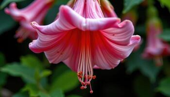 close up view of a trumpet flower with long, flaring petals hanging downward like a chandelier. photo