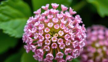 close up view of a clover flower with tightly packed pink blossoms forming a compact sphere. photo
