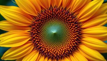 close up view of a vivid yellow sunflower revealing its intricate spiral seed pattern at the center surrounded by radiant golden petals. photo