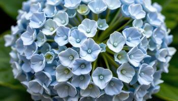 close up view of a pale blue hydrangea cluster composed of dozens of tiny, rounded blossoms in full bloom. photo