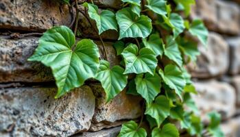 close up view of ivy leaves climbing a stone wall, with intricate vein patterns highlighted by ambient light. photo