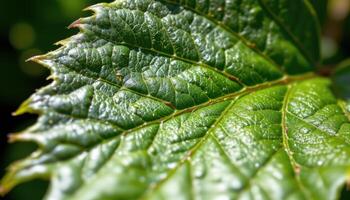 close up view of a neem leaf with toothed margins and smooth surface reflecting sunlight. photo