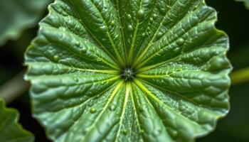 close up view of a nasturtium leaf with round, shield like structure and radiating veins from the center. photo