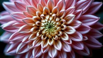 close up view of a chrysanthemum bloom with tightly packed petals forming complex, geometric layers. photo