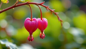 close up view of a bleeding heart flower arching downward with heart shaped petals gently opening to the air. photo