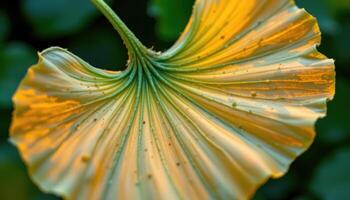 close up view of a ginkgo biloba leaf with fan shaped blades and gently ruffled edges glowing in golden hues. photo