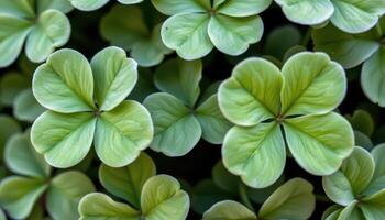 close up view of clover leaves grouped in trios, each with soft curves and subtle gradients of green. photo