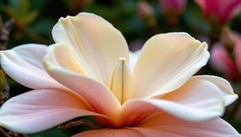 close up view of a magnolia blossom with creamy petals opening slowly to reveal a smooth central core. photo