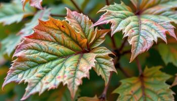 close up view of chestnut leaves with jagged edges and prominent central spines, turning from green to orange. photo
