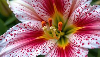 close up view of a stargazer lily with pink and white petals adorned with deep speckles and vibrant orange anthers. photo