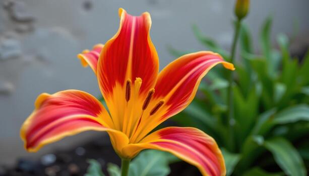 close up view of a flame lily with red and yellow petals curling dramatically backward like fire. photo