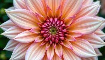 close up view of a dahlia bloom with symmetrical, tightly packed petals forming a hypnotic circular pattern. photo