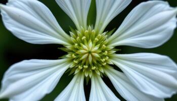 close up view of a snowflake flower with white petals arranged symmetrically around a pale green center. photo
