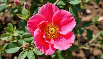 close up view of a desert rose with thick, waxy petals in vibrant pink forming a sturdy, dramatic bloom. photo
