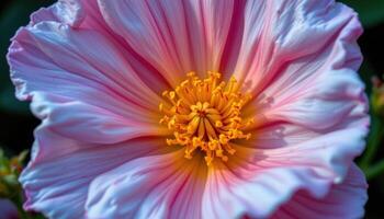 close up view of a rockrose blossom with crinkled petals and a glowing golden center. photo