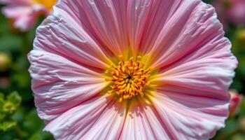 close up view of a rockrose bloom with crinkled petals and a bold yellow center. photo