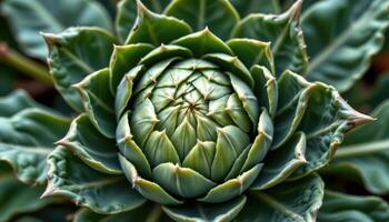 close up view of artichoke foliage with deep green color and rough spines. photo