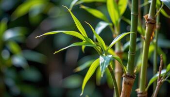 close up view of bamboo leaves emerging from thin stems, swaying gently. photo