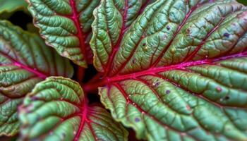 close up view of rhubarb leaves with coarse textures and thick veins. photo