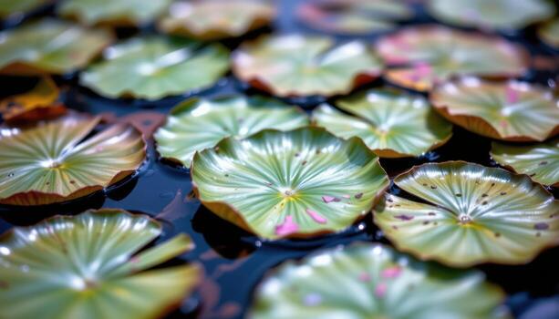 close up view of water lily leaves floating on a pond, showing surface texture. photo