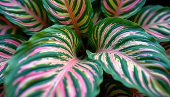 close up view of calathea foliage with intricate, feathery designs. photo