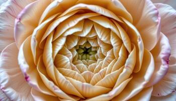 close up view of a ranunculus bloom with layer upon layer of thin, paper like petals forming a perfect spiral. photo