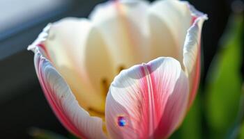 close up view of a single tulip petal curling slightly at the edge with translucent light filtering through. photo