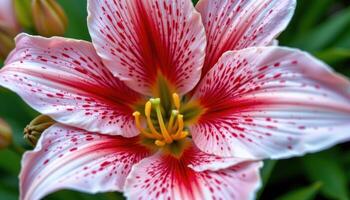 close up view of a stargazer lily with spotted pink petals curling backwards and prominent stamens. photo