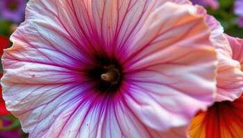 close up view of a petunia bloom with wide, trumpet like petals in vibrant hues and subtle veins. photo