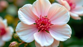 close up view of a mimosa flower with powder puff like blossoms in soft pink and white. photo