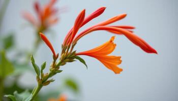 close up view of a crocosmia bloom with tubular red orange petals forming an elegant arch. photo