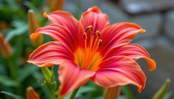 close up view of a flame lily blossom with fire red petals curling outward dramatically. photo